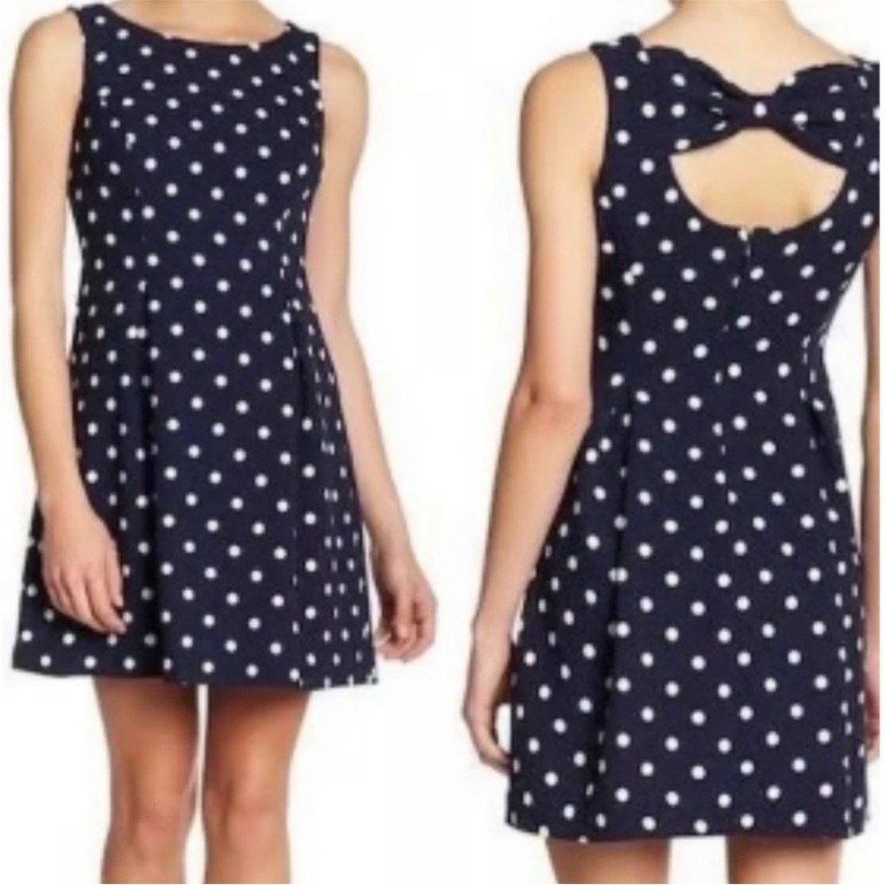NWT Eliza J Navy Polka Dot Sleeveless Dress with Bow
